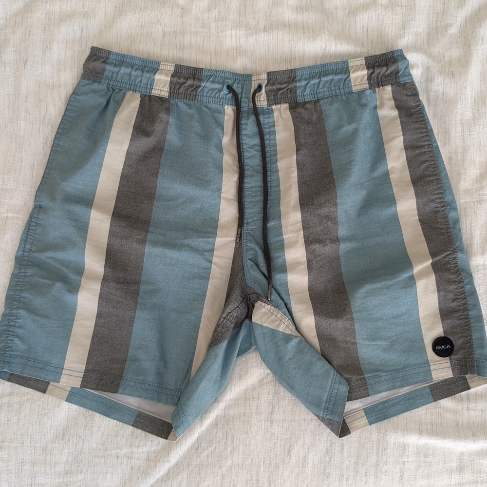 RVCA Teal and Beige Striped Shorts